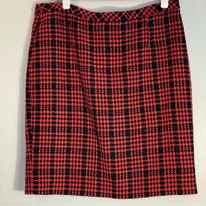 Coldwater Creek Sz 16 Red Black Metallic Plaid Tweed Boucle Pencil Mini Skirt